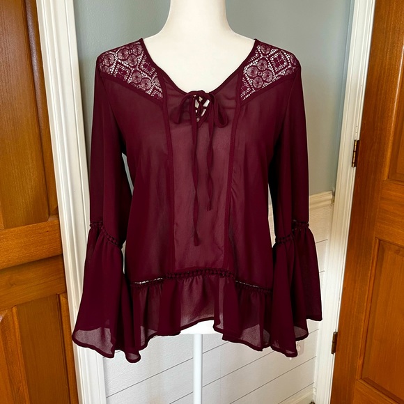 Taylor & Sage Burgundy Boho Flowey Blouse - Picture 2 of 8